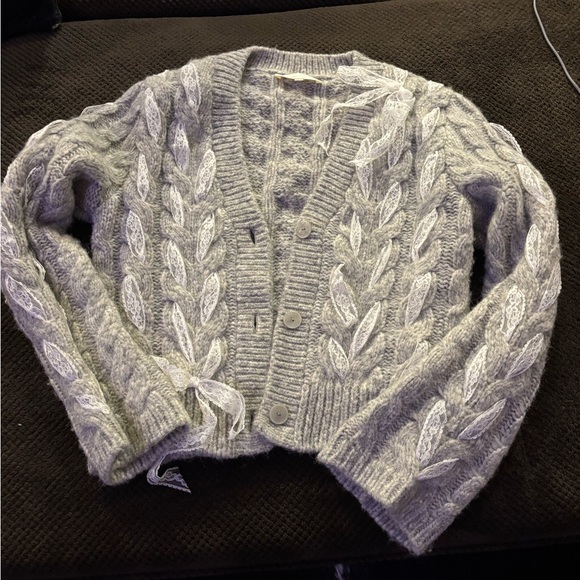 LoveShackFancy Heather Gray Cable Knit Sweater with white lace ribbon - Picture 2 of 5